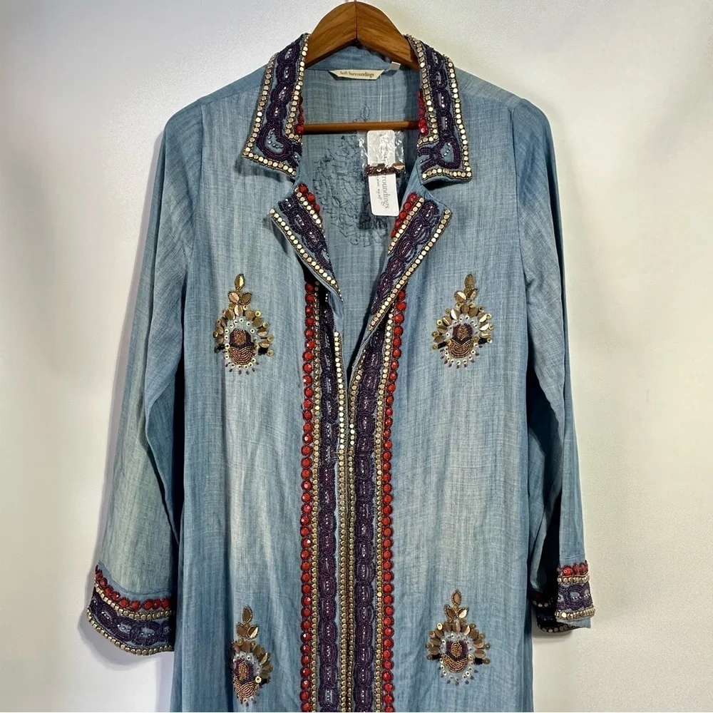 NWT Soft Surroundings Morena Duster denim jewel beaded boho long cardigan Medium - Picture 5 of 13